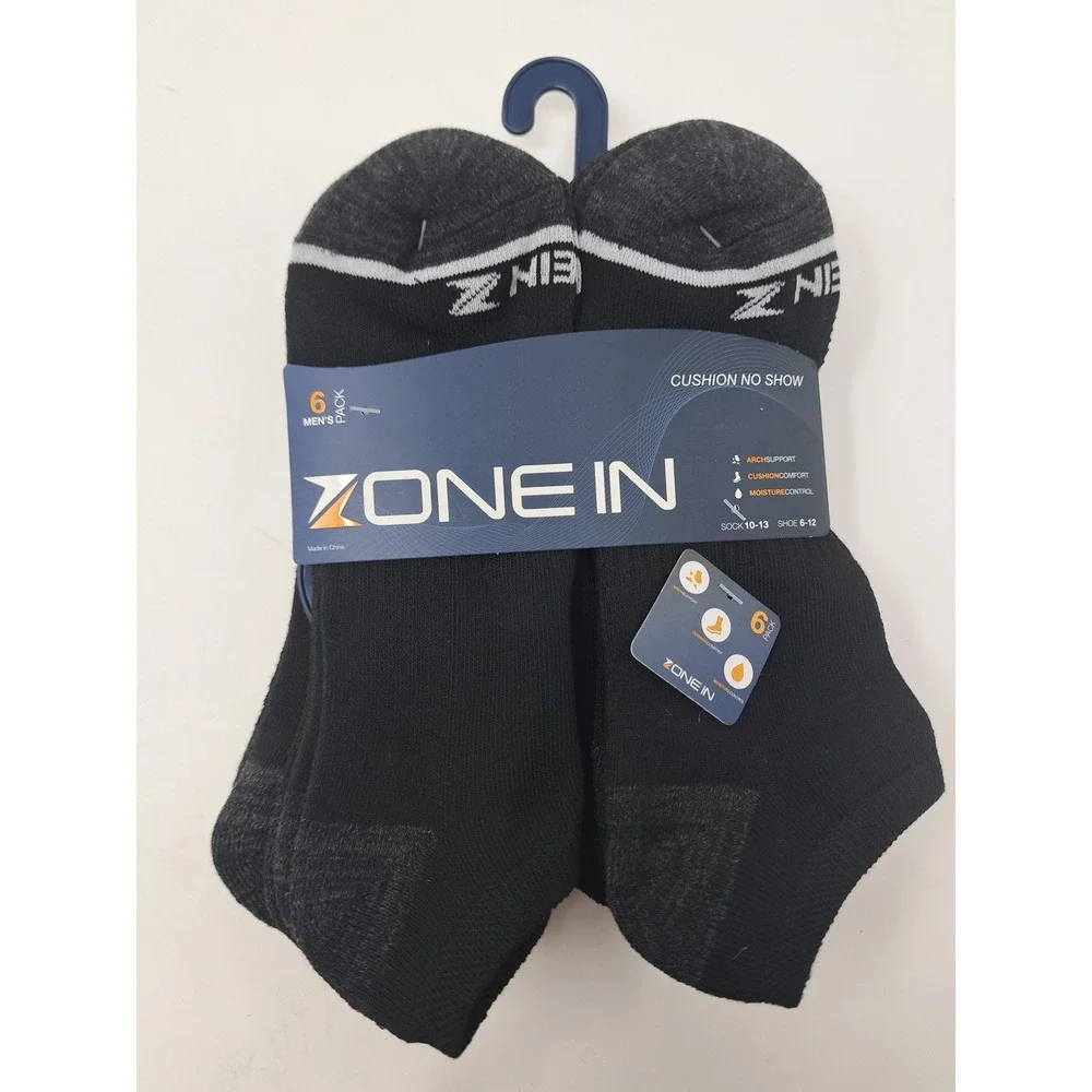 Zone In Mens 6 Pack Cushion No Show Athletic Performance Blk Socks Shoe sz 6-12
